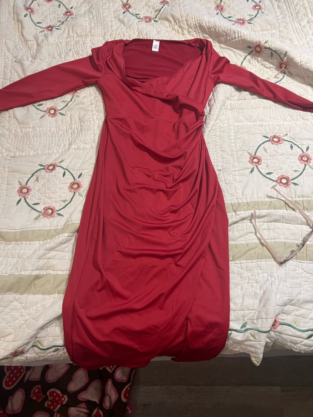 Red Draped Long-Sleeve Midi Dress